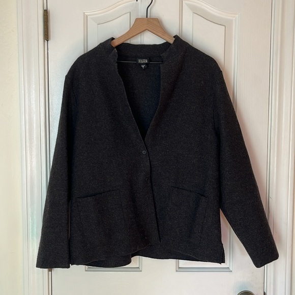 Eileen Fisher | Lightweight Boiled 100% Wool High Collar Jacket Charcoal Large - Picture 2 of 8